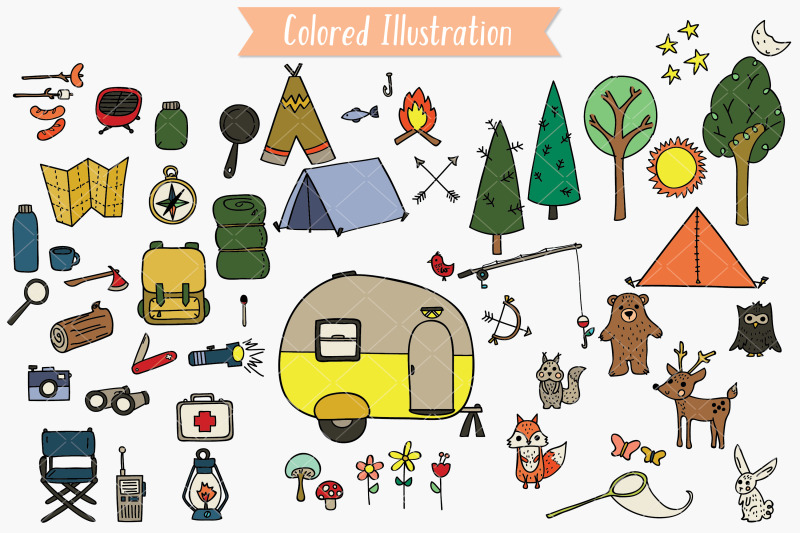 camping-colored-hand-drawn-trailer-outdoor-woodland-fishing-fire