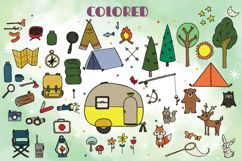 camping-colored-hand-drawn-trailer-outdoor-woodland-fishing-fire