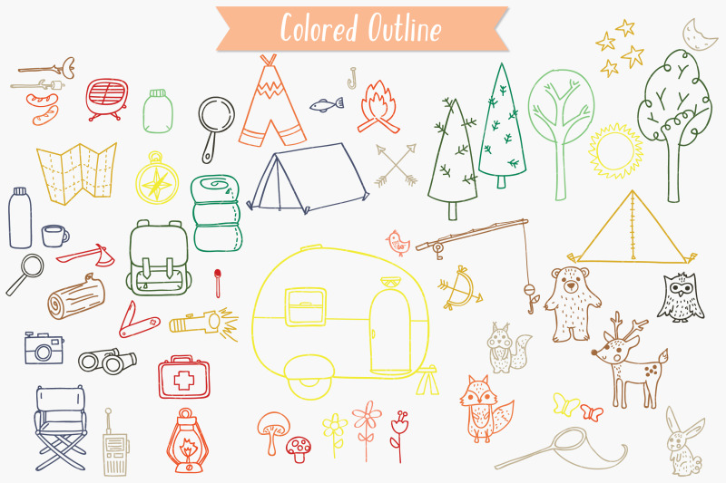 camping-colored-hand-drawn-trailer-outdoor-woodland-fishing-fire