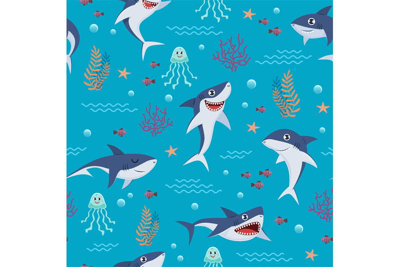 cartoon-sharks-pattern-seamless-background-with-cute-marine-fishes-s