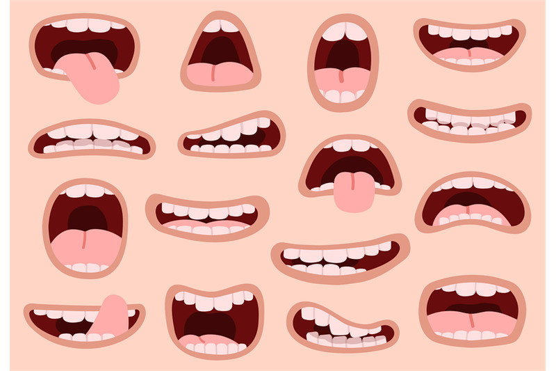Funny cartoon mouths. Comic hand drawn mouth, smiling artistic facial