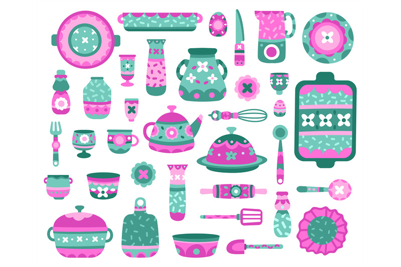 cartoon-kitchen-dishes-ceramic-crockery-dishes-teapot-cups-and-pla