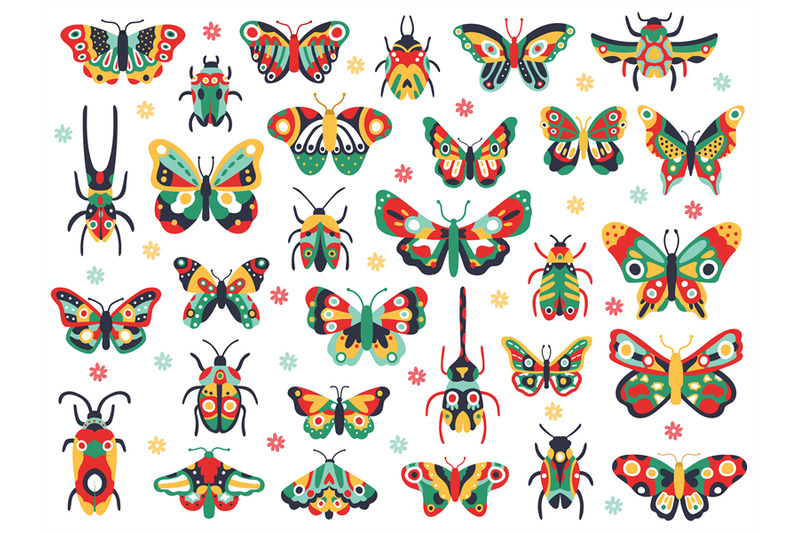 hand-drawn-cute-insects-doodle-flying-butterfly-and-beetle-colorful