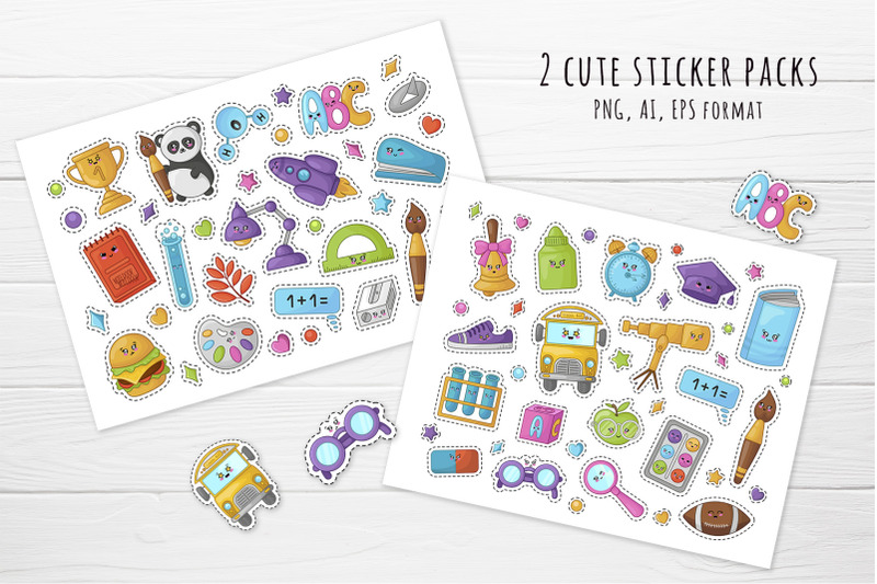 Set de stickers kawaii material escolar: vector de stock (libre de  regalías) 2180375677