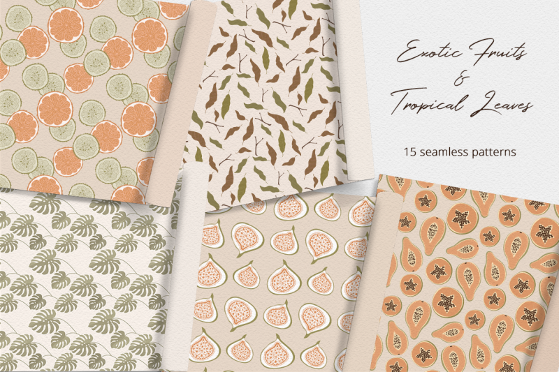 exotic-fruits-amp-tropical-leaves-seamless-patterns