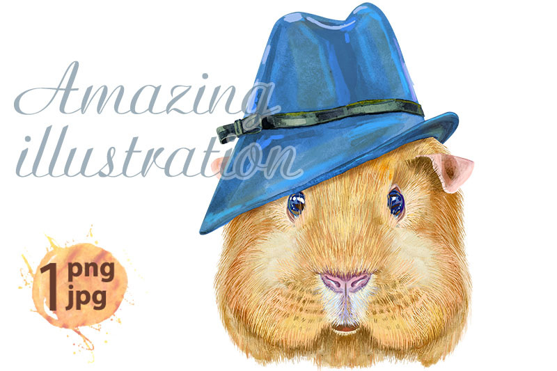 watercolor-portrait-of-self-guinea-pig-in-blue-hat