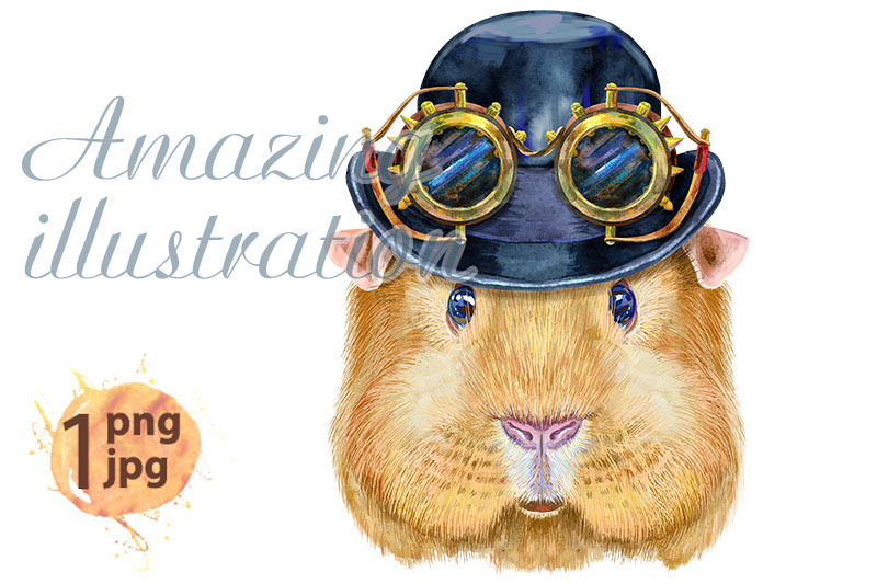 watercolor-portrait-of-self-guinea-pig-with-hat-bowler