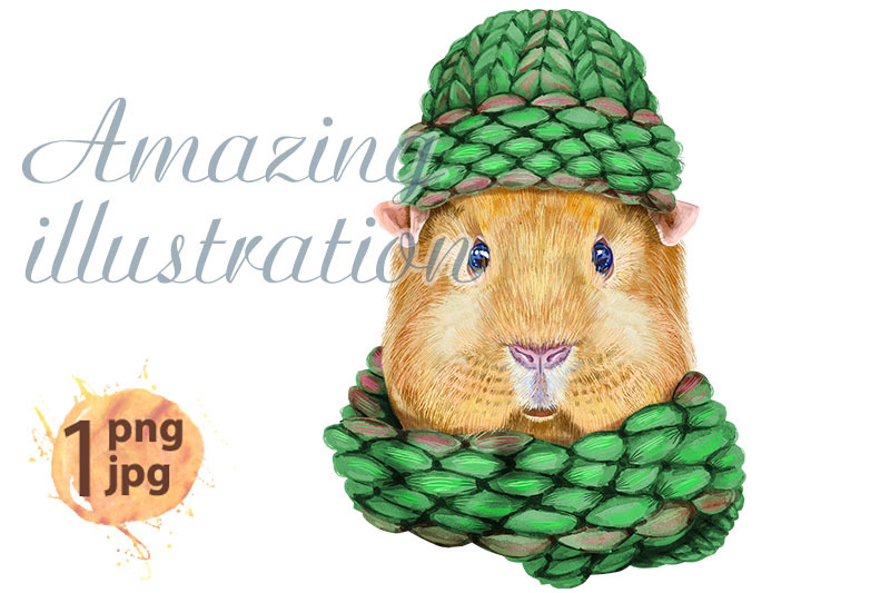 watercolor-portrait-of-self-guinea-pig-pig-in-a-knitted-hat