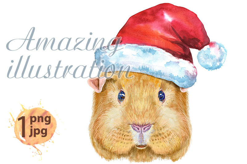 watercolor-portrait-of-english-self-guinea-pig-with-santa-hat