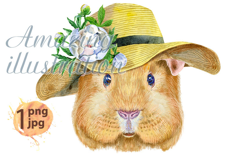 watercolor-portrait-of-self-guinea-pig-with-summer-hat