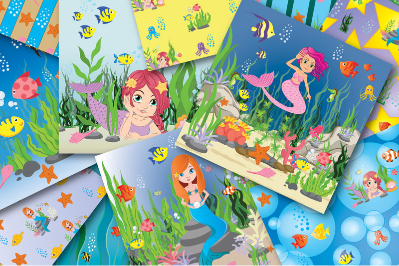 cute-mermaid-digital-papers-mermaid-scrapbook-papers-mermaid-di