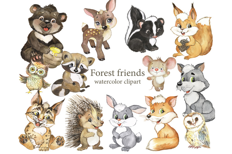 forest-friends-watercolor-clipart-forest-inhabitants-animal-nurserie