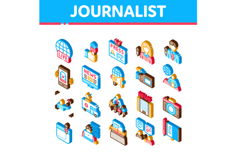 journalist-reporter-isometric-icons-set-vector