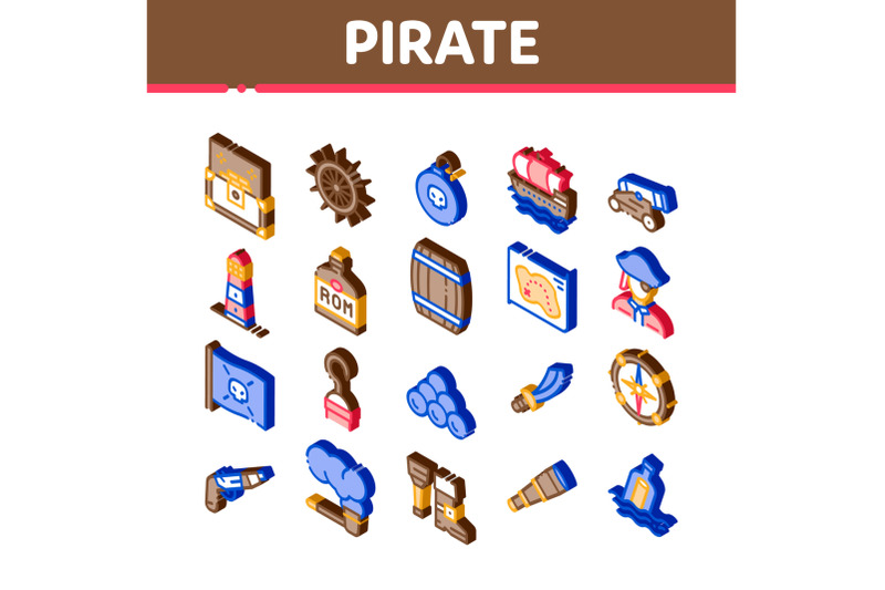 pirate-sea-bandit-tool-isometric-icons-set-vector