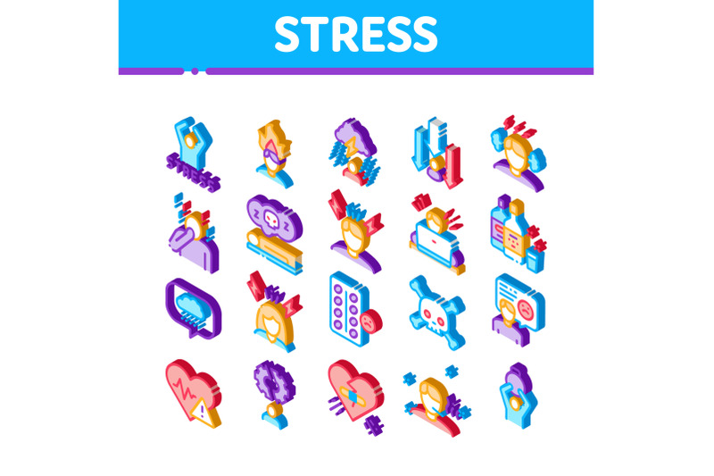 stress-and-depression-isometric-icons-set-vector