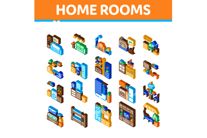 home-rooms-furniture-isometric-icons-set-vector