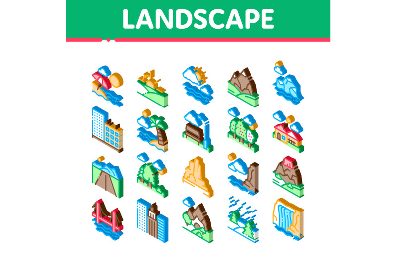 landscape-travel-place-isometric-icons-set-vector