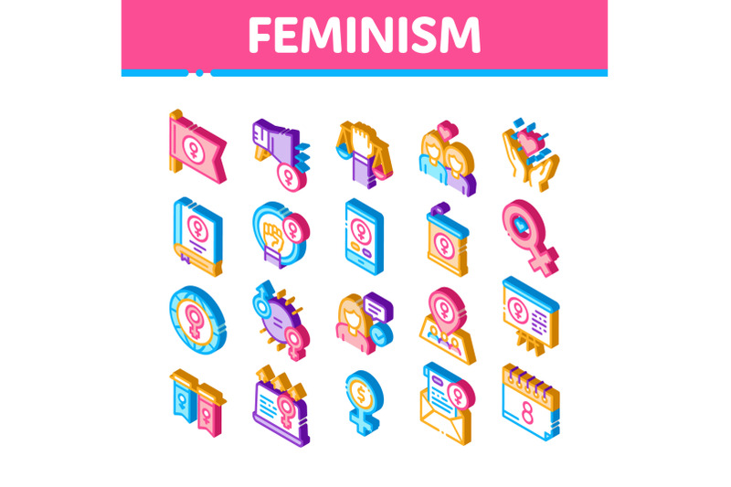 feminism-woman-power-isometric-icons-set-vector