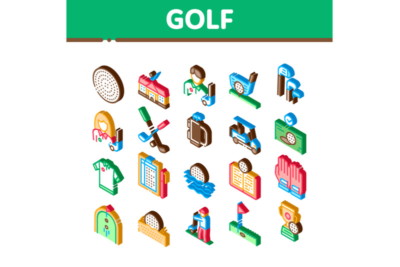 golf-game-equipment-isometric-icons-set-vector