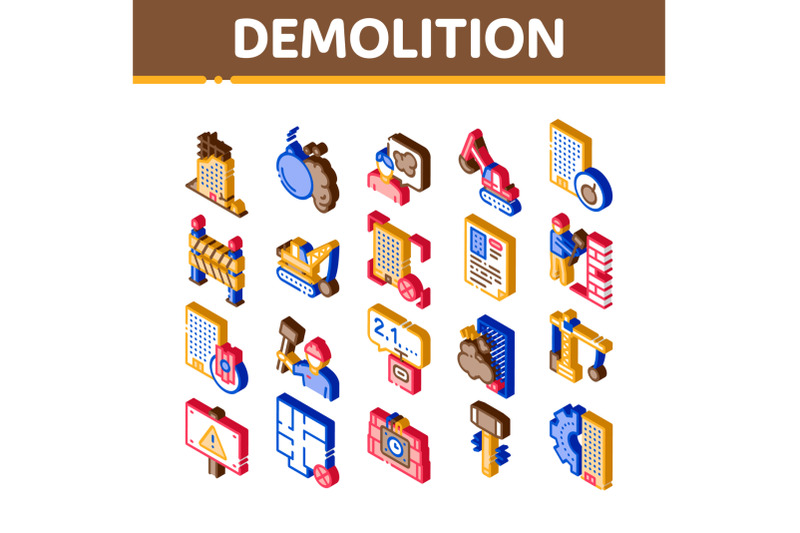 demolition-building-isometric-icons-set-vector