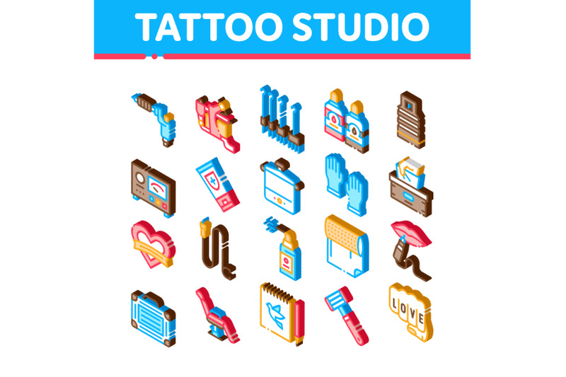 tattoo-studio-tool-isometric-icons-set-vector
