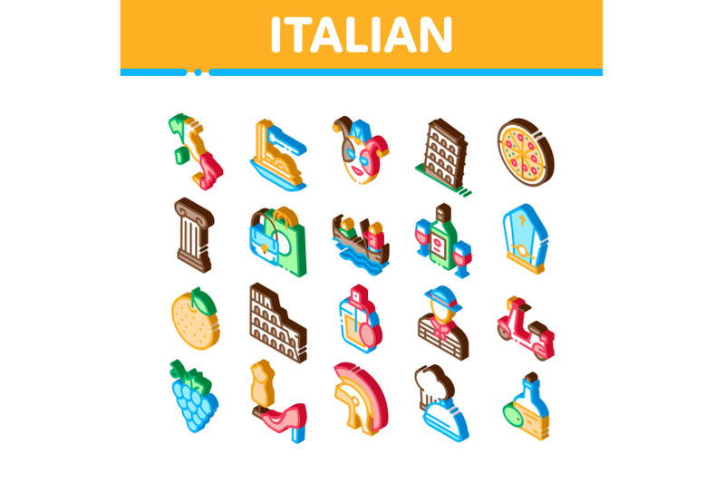 italian-traditional-isometric-icons-set-vector