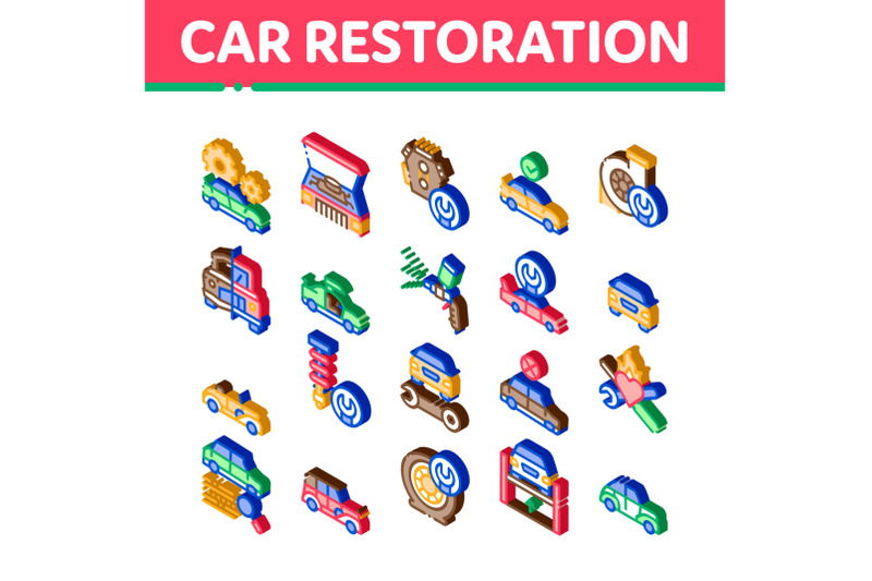 car-restoration-repair-isometric-icons-set-vector