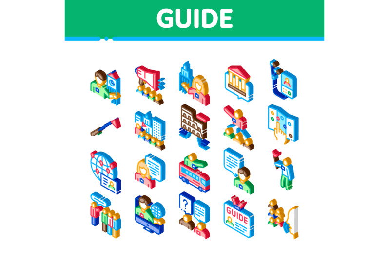 guide-lead-traveler-isometric-icons-set-vector