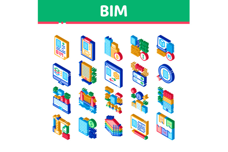 bim-building-information-modeling-isometric-icons-set-vector
