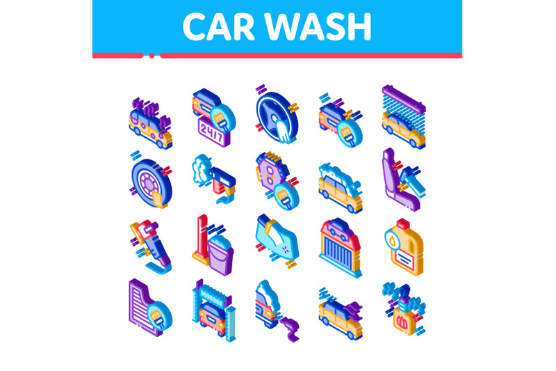 car-wash-auto-service-isometric-icons-set-vector