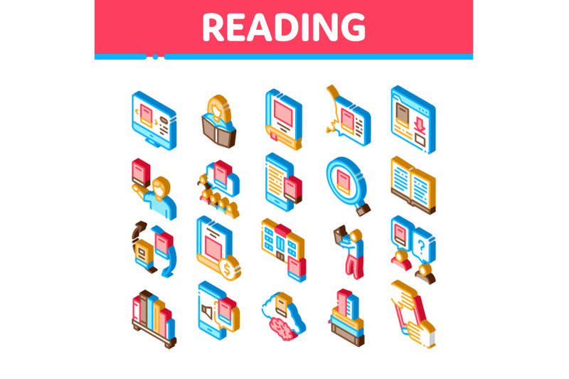 reading-library-book-isometric-icons-set-vector