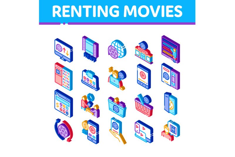 renting-movies-service-isometric-icons-set-vector