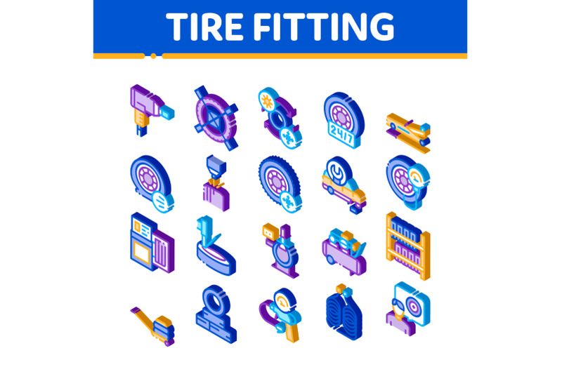 tire-fitting-service-isometric-icons-set-vector