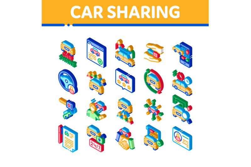 car-sharing-business-isometric-icons-set-vector