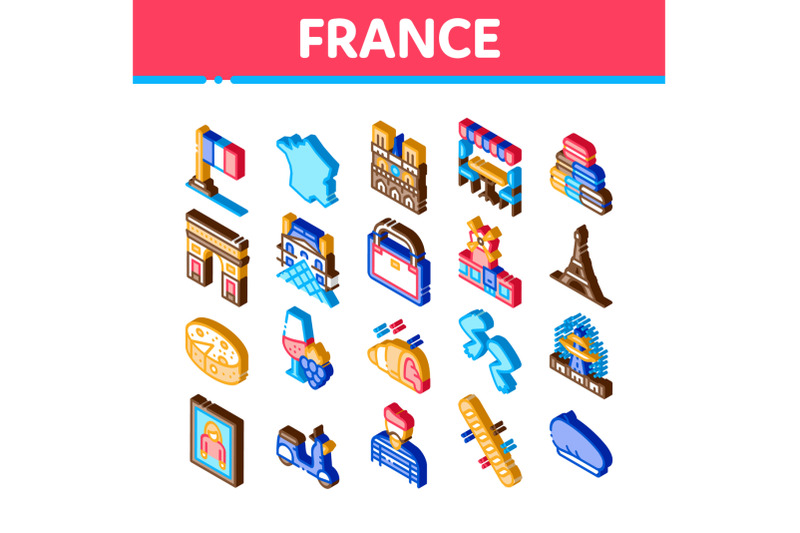 france-country-travel-isometric-icons-set-vector