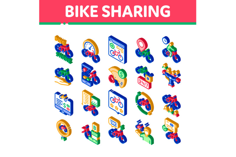 bike-sharing-business-isometric-icons-set-vector