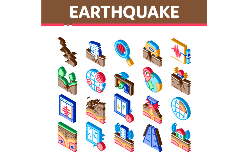 earthquake-disaster-isometric-icons-set-vector