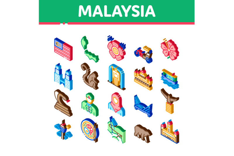 malaysia-national-isometric-icons-set-vector