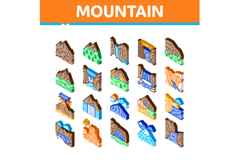 mountain-landscape-isometric-icons-set-vector