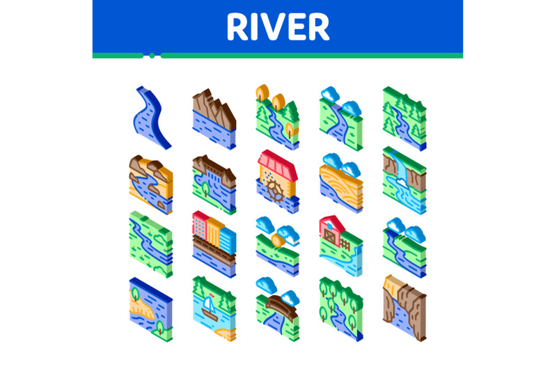 river-landscape-isometric-icons-set-vector