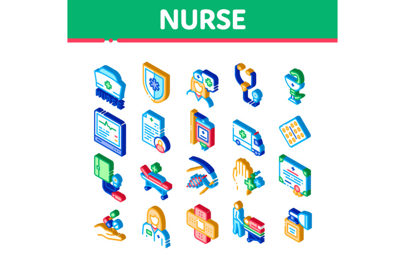 nurse-medical-aid-isometric-icons-set-vector