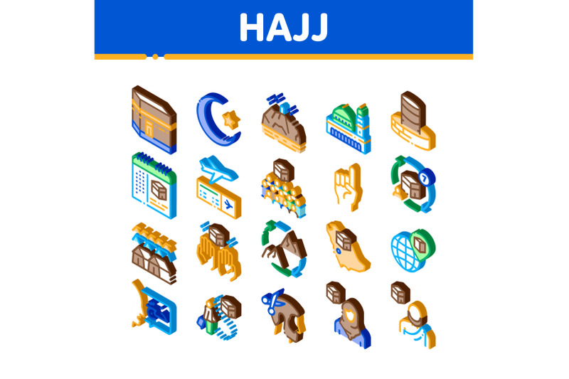 hajj-islamic-religion-isometric-icons-set-vector