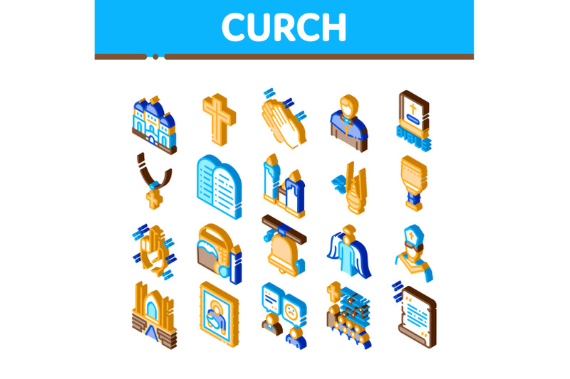 church-christianity-isometric-icons-set-vector