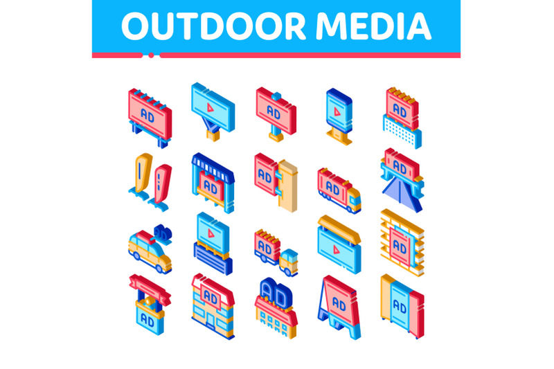 outdoor-media-advertising-isometric-icons-set-vector