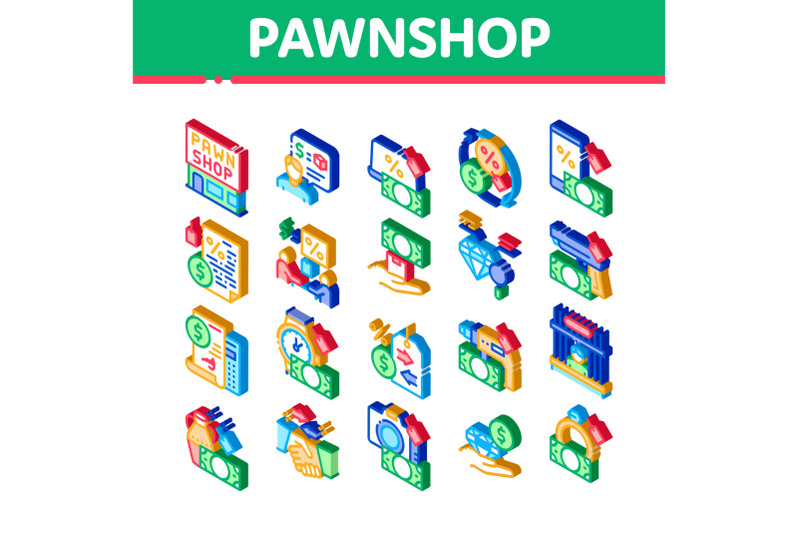 pawnshop-exchange-isometric-icons-set-vector