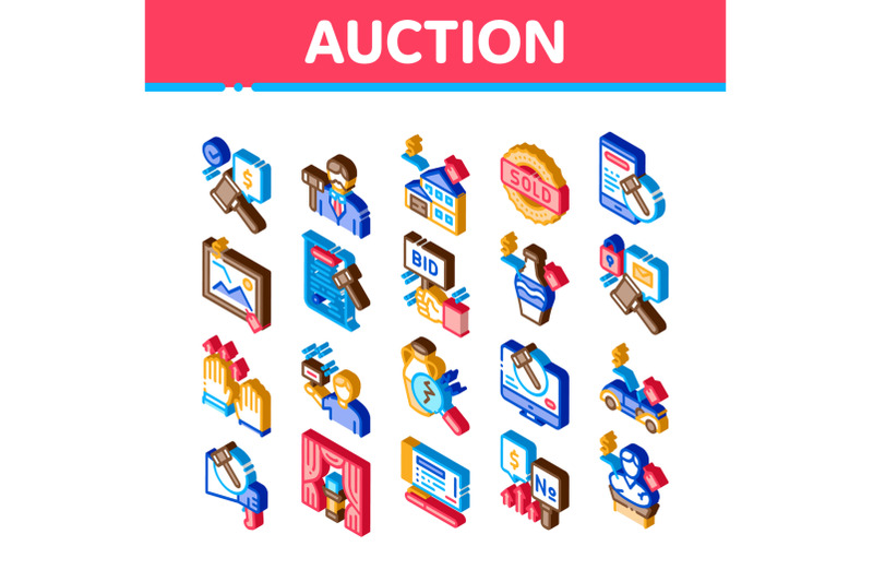 auction-buying-isometric-icons-set-vector