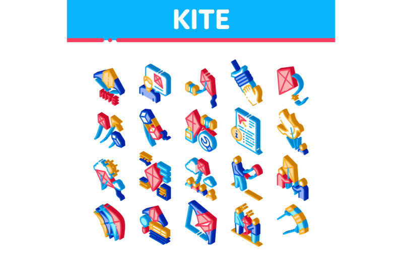 kite-flying-air-toy-isometric-icons-set-vector