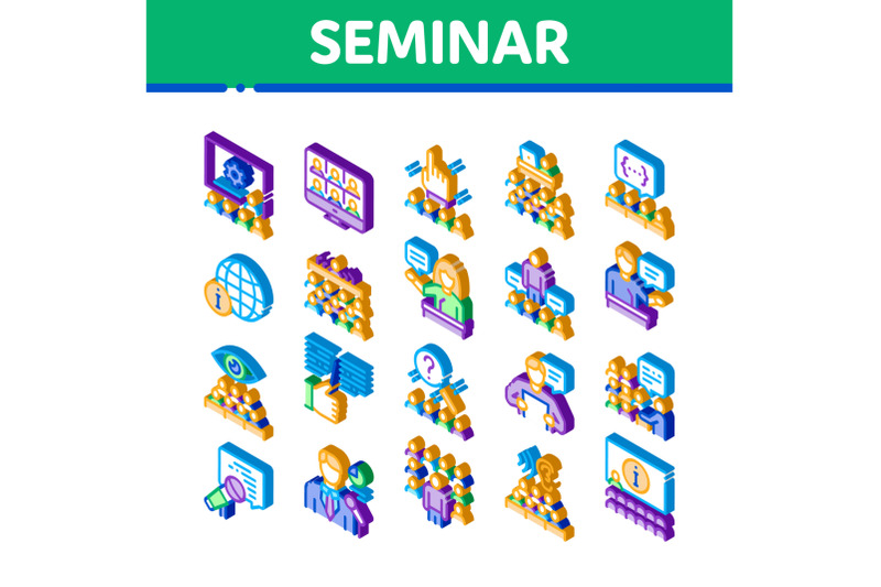 seminar-conference-isometric-icons-set-vector