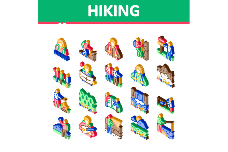 hiking-extreme-tourism-isometric-icons-set-vector