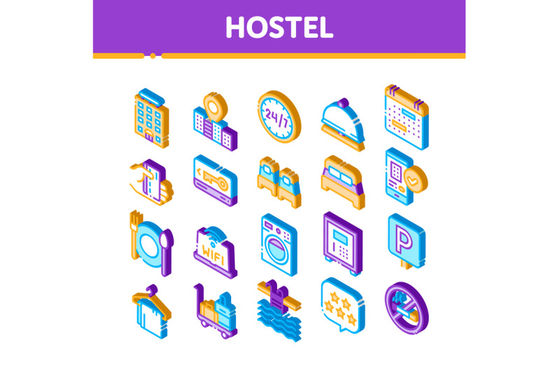 hostel-isometric-vector-sign-icons-set